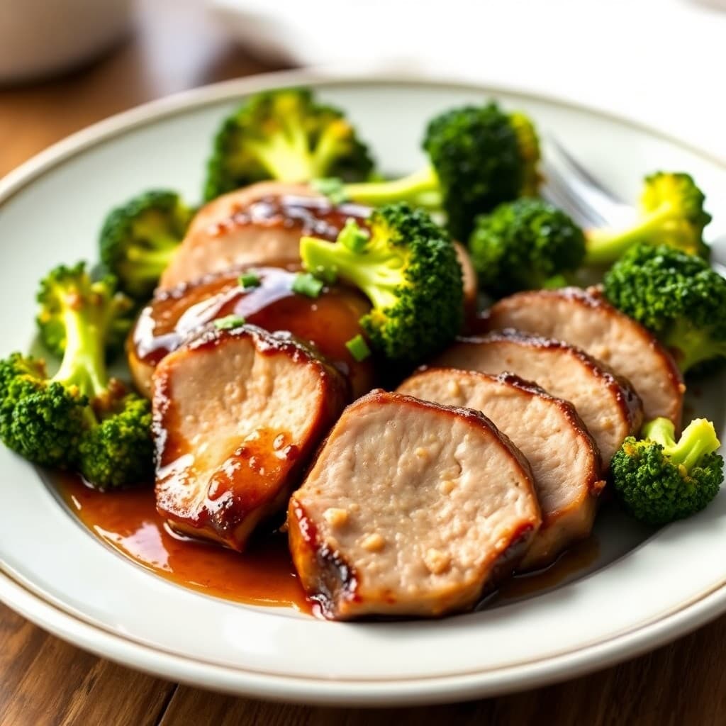 Seared Teriyaki Pork Tenderloin with Roasted Garlic-Ginger Broccoli