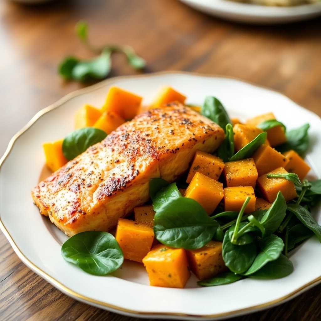 Seared Salmon with Roasted Butternut Squash and Spinach Salad