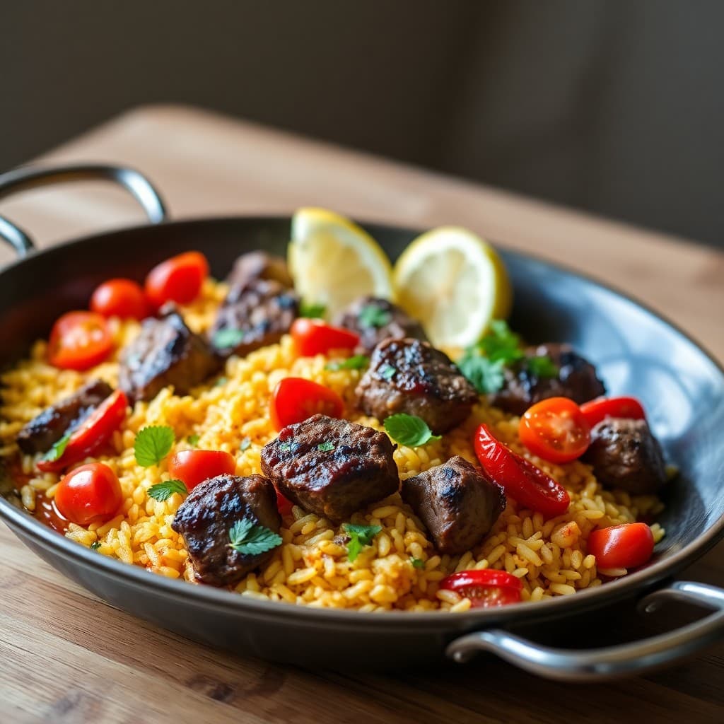 Spanish Saffron Paella with Grilled Lamb & Charred Peppers