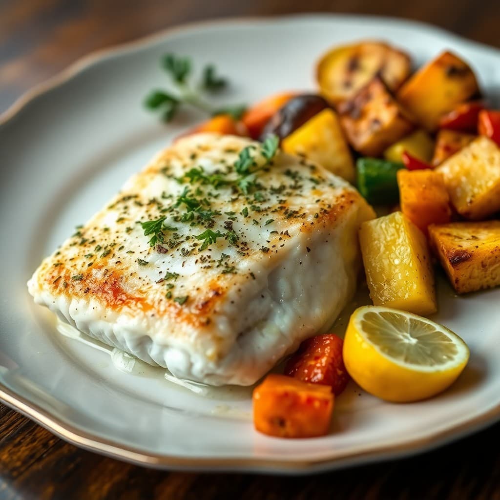 Lemon Herb Seared Cod with Roasted Vegetable Medley
