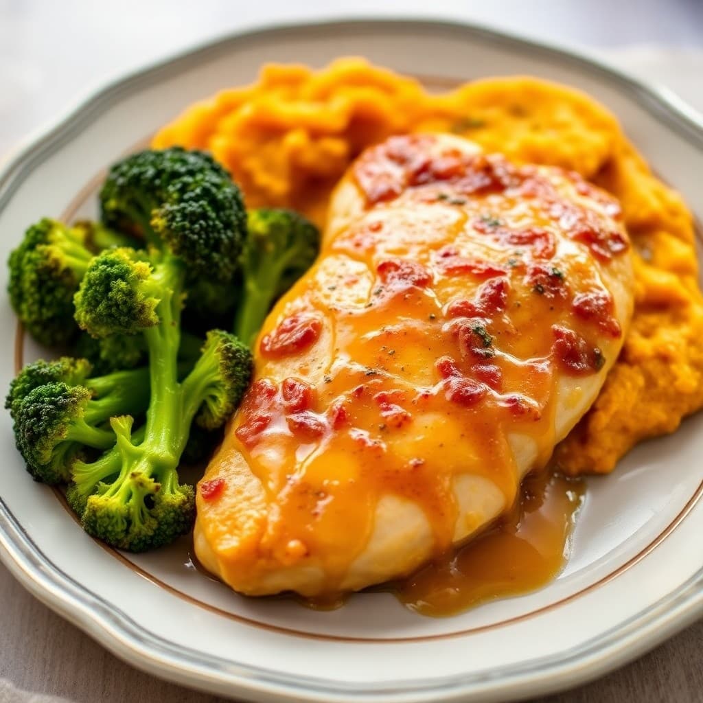 Baked Honey-Mustard Chicken with Roasted Broccoli and Sweet Potato Mash