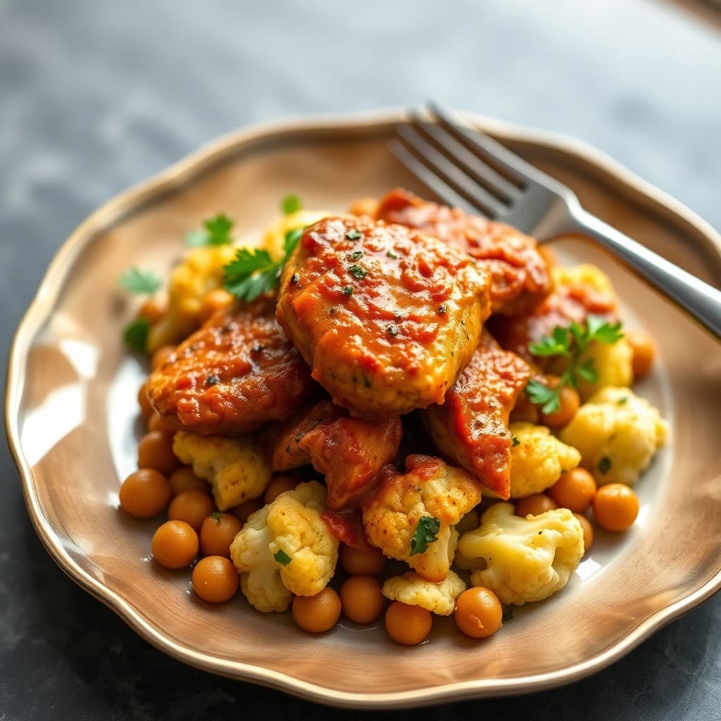 Moroccan Spiced Chicken Tagine with Roasted Cauliflower and Chickpeas