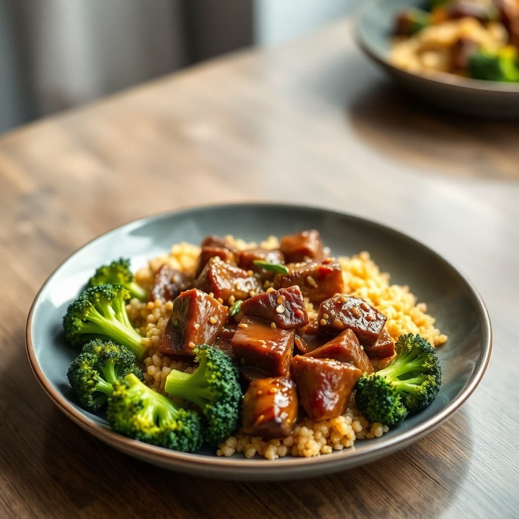 Sizzling Sesame-Ginger Beef Stir-Fry with Roasted Broccoli and Quinoa