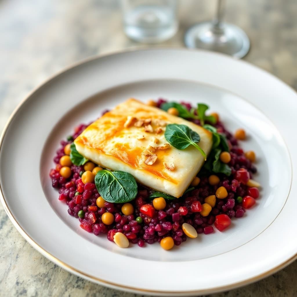 Poached Sea Bass with Chickpea & Spinach Tagine, Roasted Beet Couscous
