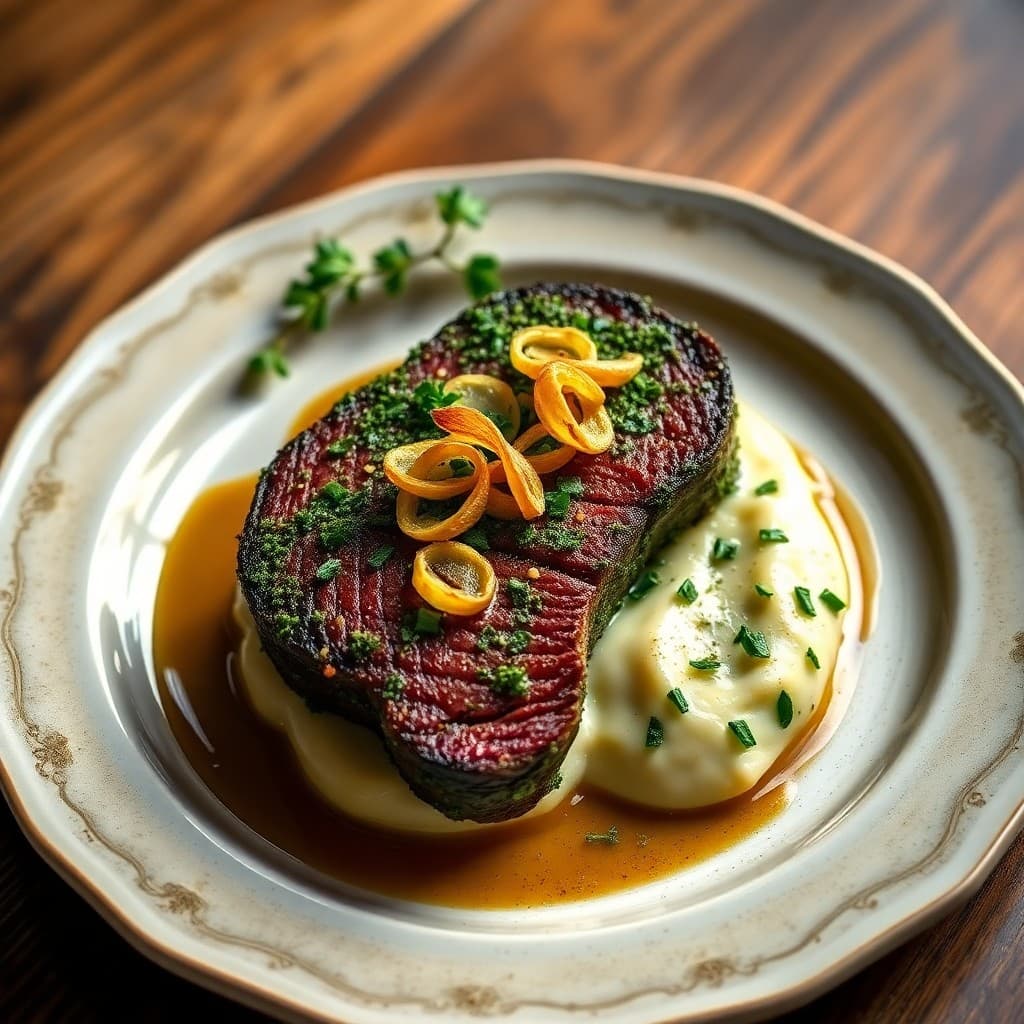 Argentinian Chimichurri-Crusted Grass-Fed Beef Tenderloin with Roasted Celery Root & Crispy Shallot Garnish