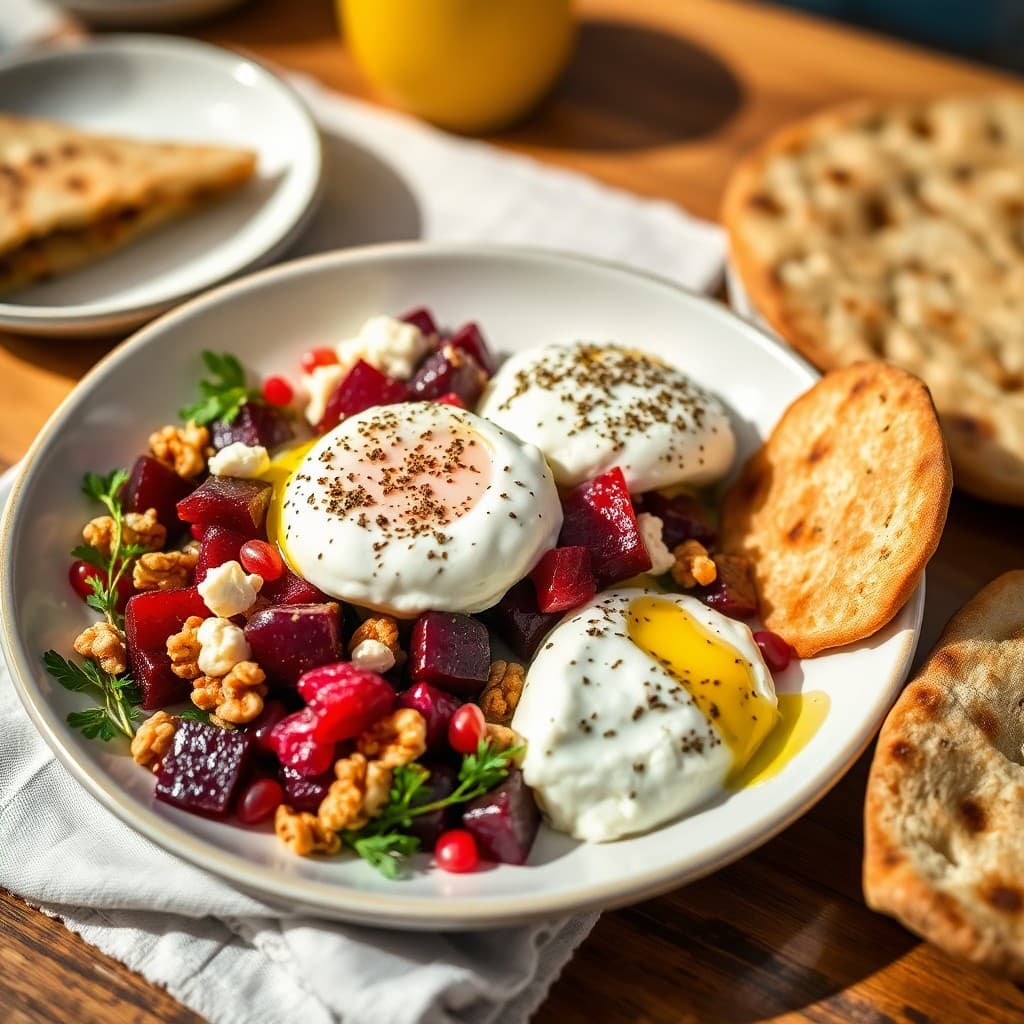 Turkish Zaatar-Crusted Poached Eggs with Whipped Feta, Roasted Beet & Walnut Salad