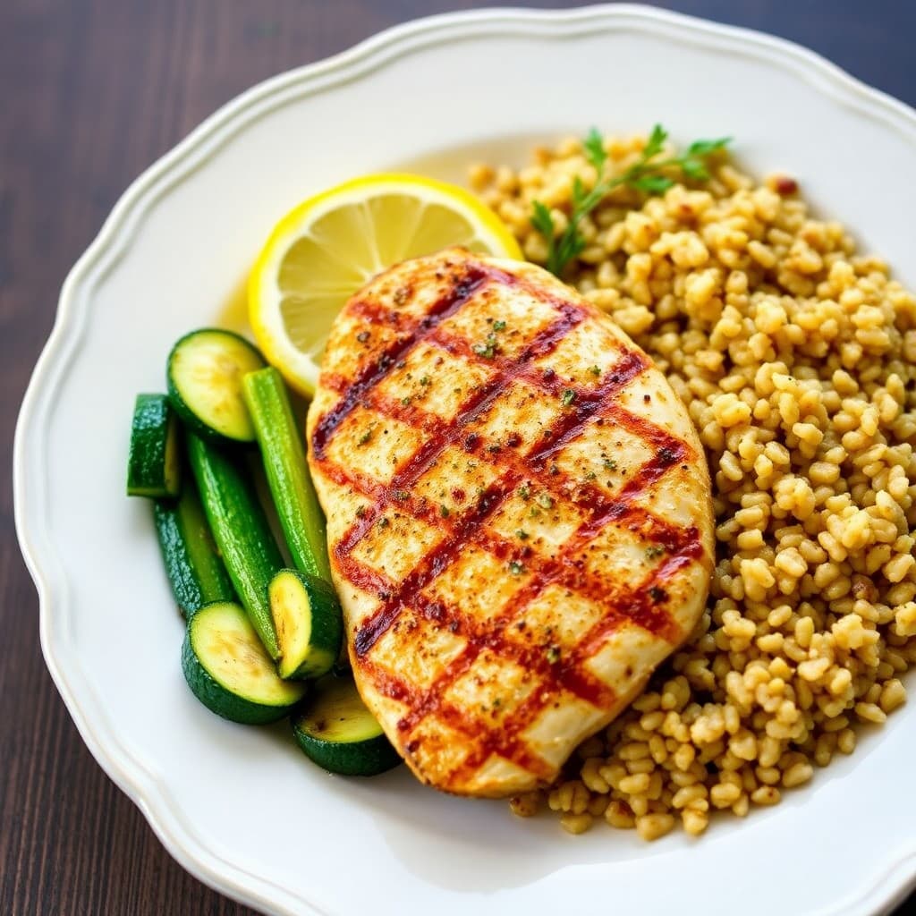 Grilled Lemon-Garlic Chicken with Roasted Zucchini and Quinoa