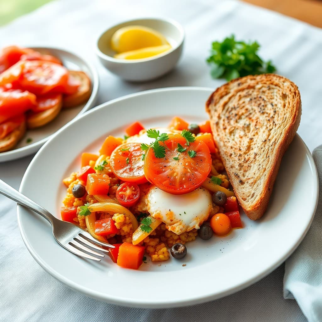 Turkish Menemen with Smoked Salmon & Whole Grain Toast