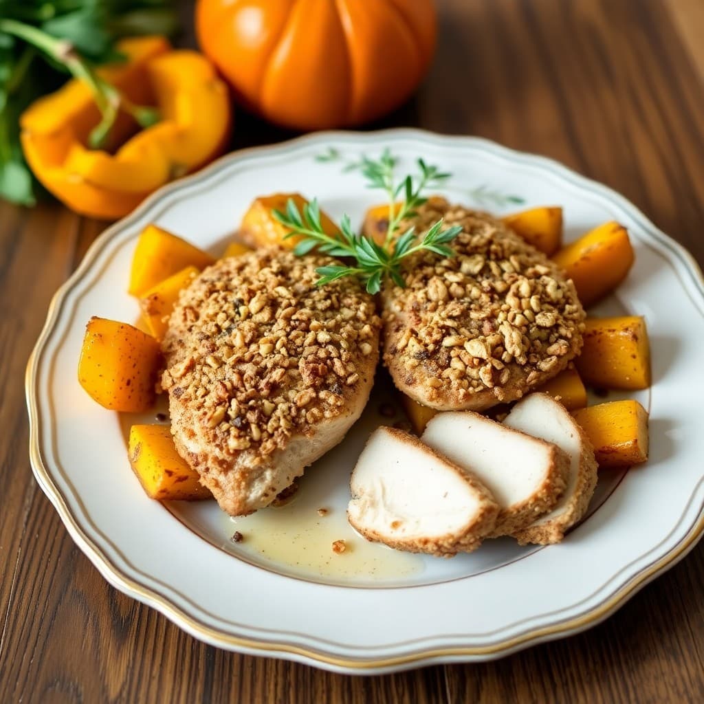 Roasted Autumn Squash with Walnut-Crusted Chicken
