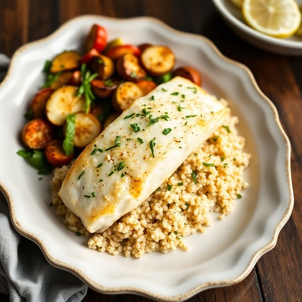 Mediterranean Baked Halibut with Lemon-Herb Quinoa