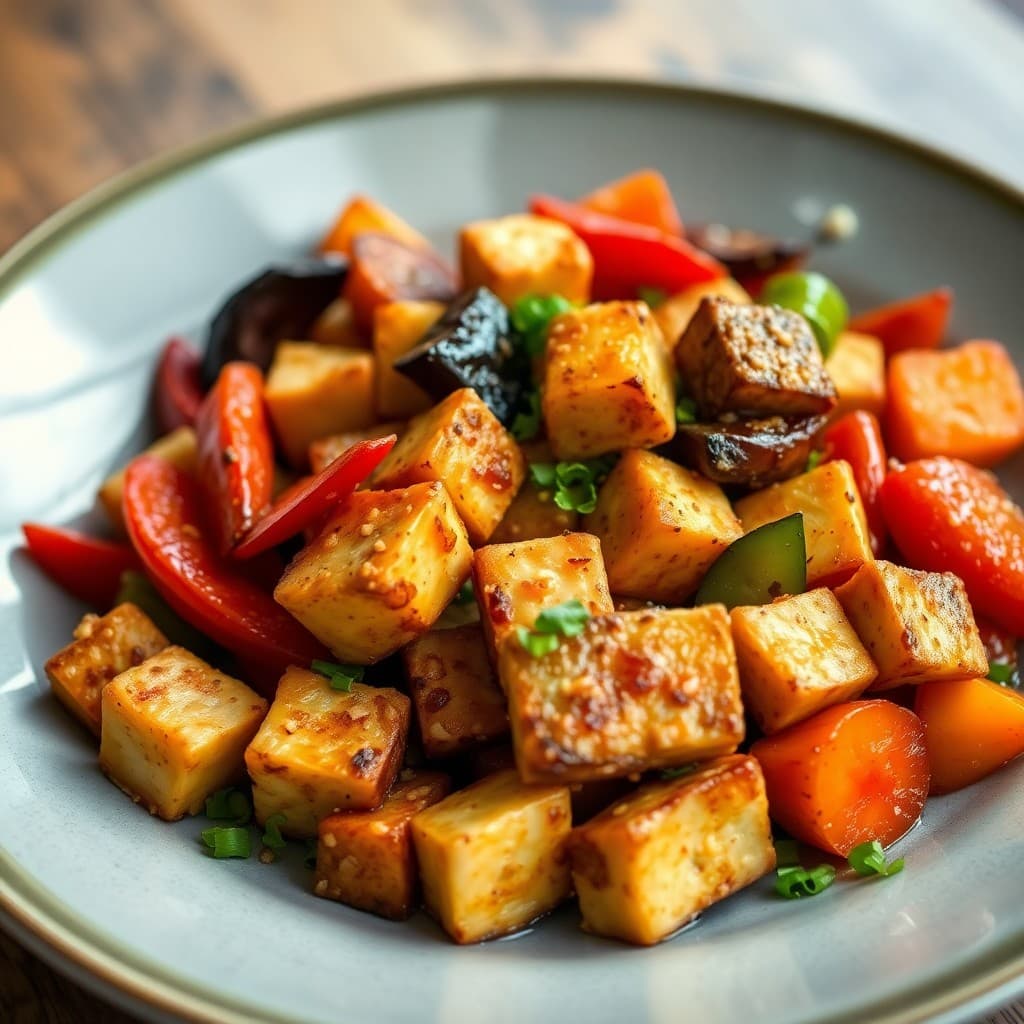 Seared Ginger-Garlic Tofu Stir-Fry with Roasted Vegetable Medley