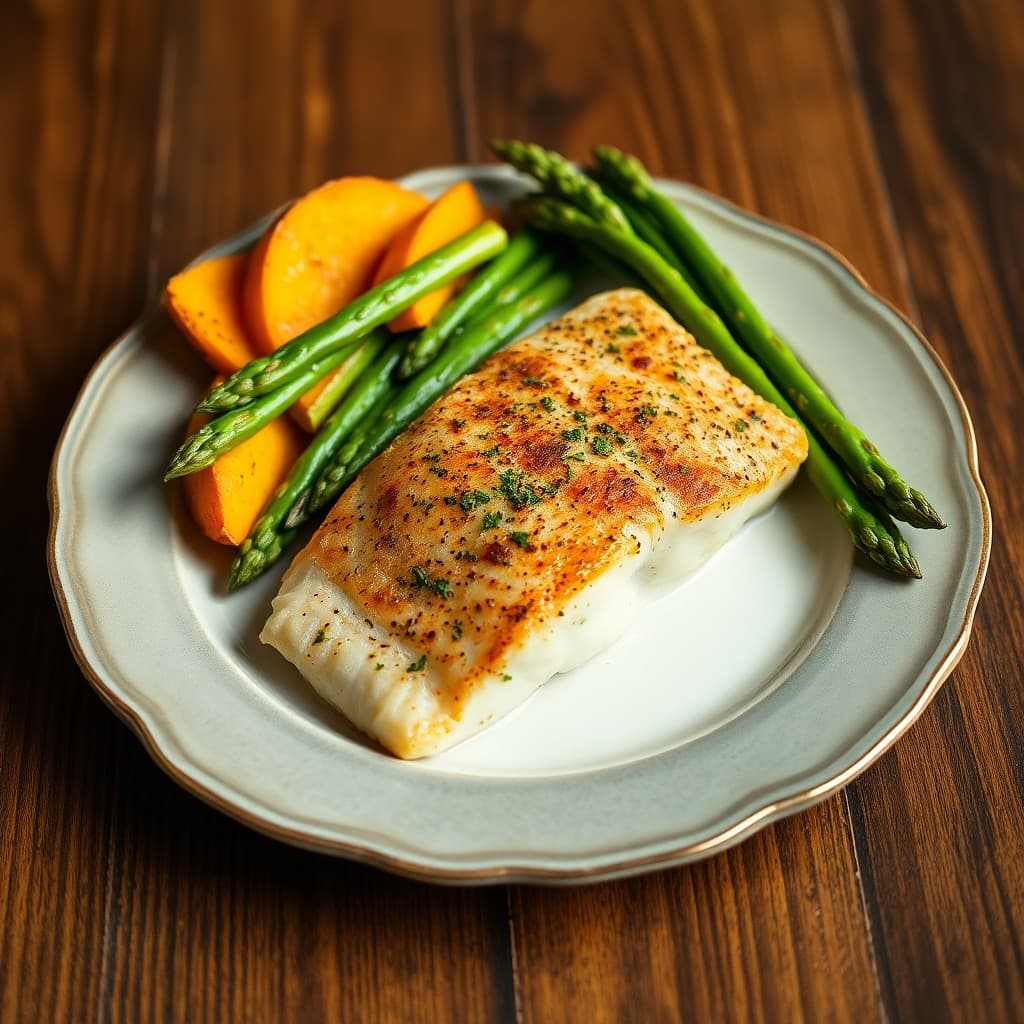 Garlic Herb Seared Tilapia with Roasted Sweet Potato and Asparagus