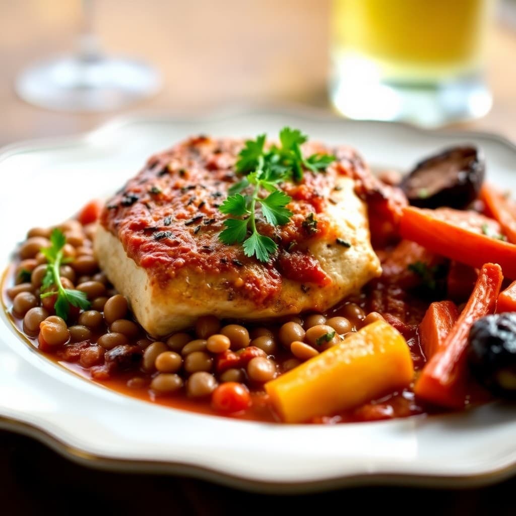Braised Chicken Thighs with Creamy Lentil Ragù & Roasted Root Vegetables