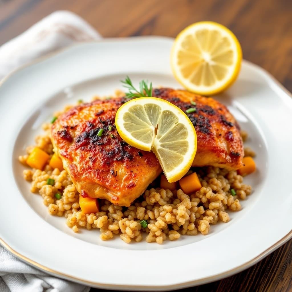 Seared Lemon-Garlic Chicken Thighs with Roasted Butternut Squash and Quinoa