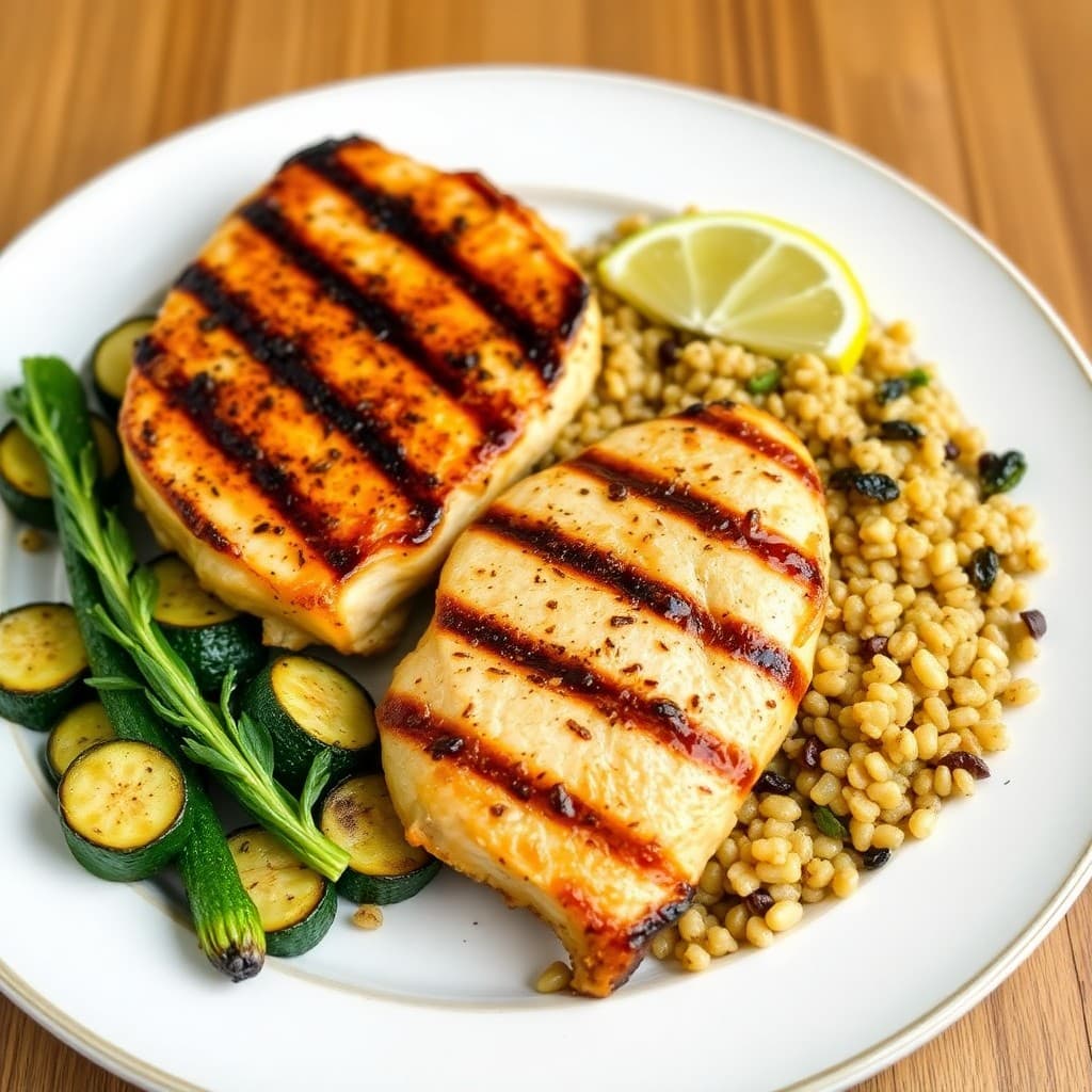 Grilled Lemon-Garlic Chicken with Roasted Zucchini and Farro