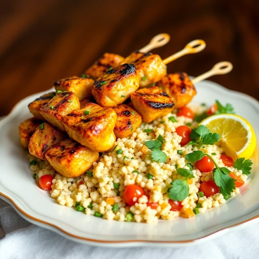 Lemon Garlic Chicken Skewers with Mediterranean Couscous Salad