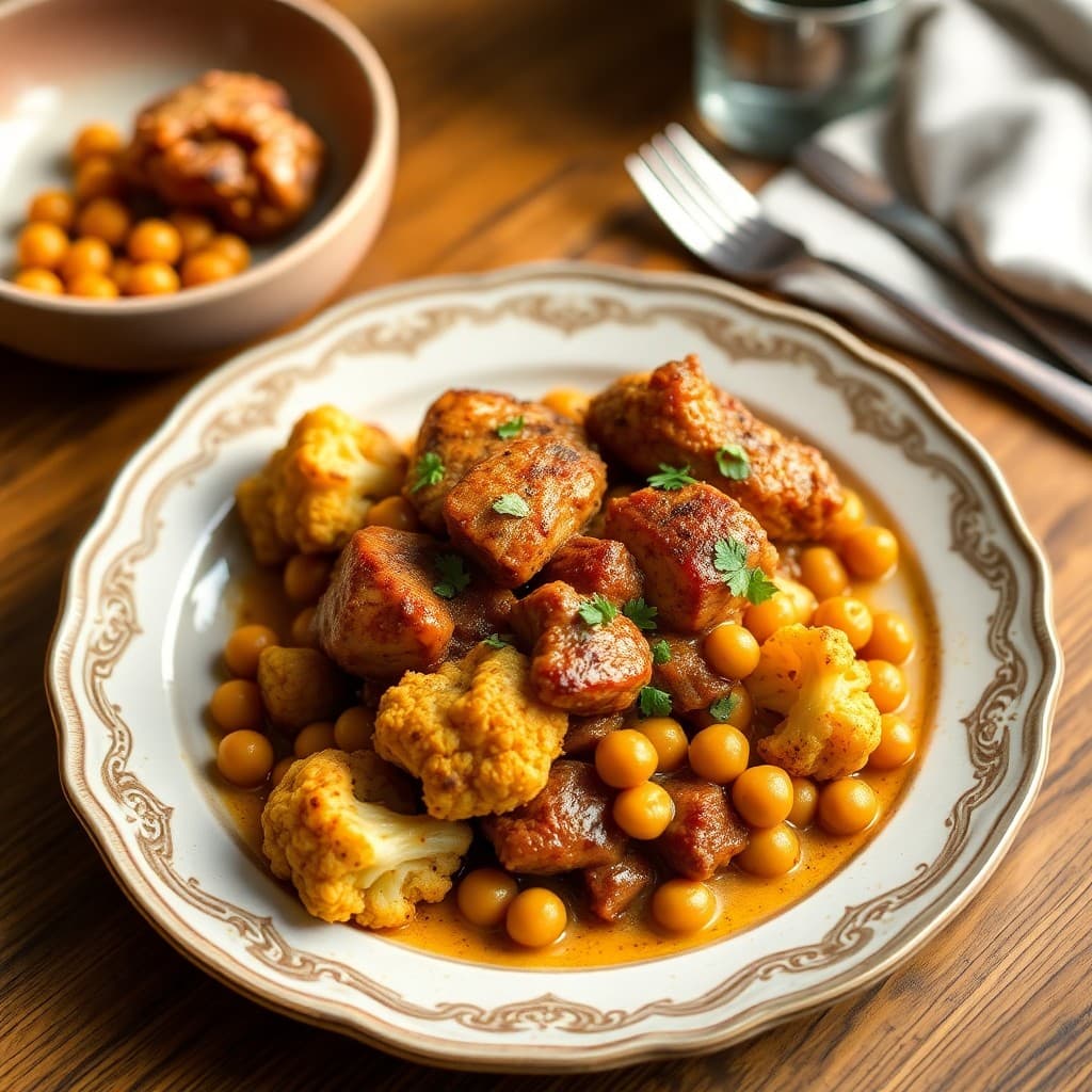 Moroccan Spiced Chicken Tagine with Chickpeas and Roasted Cauliflower
