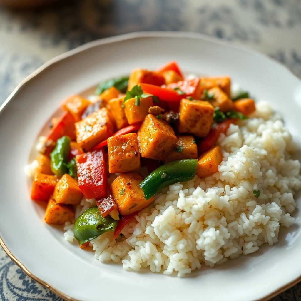 Spicy Tofu and Vegetable Stir-Fry with Coconut Lime Rice