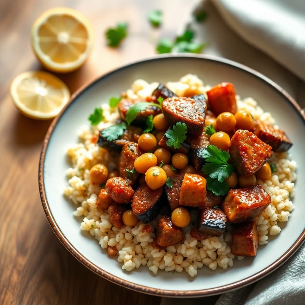 Moroccan-Spiced Chickpea & Eggplant Tagine with Herbed Couscous