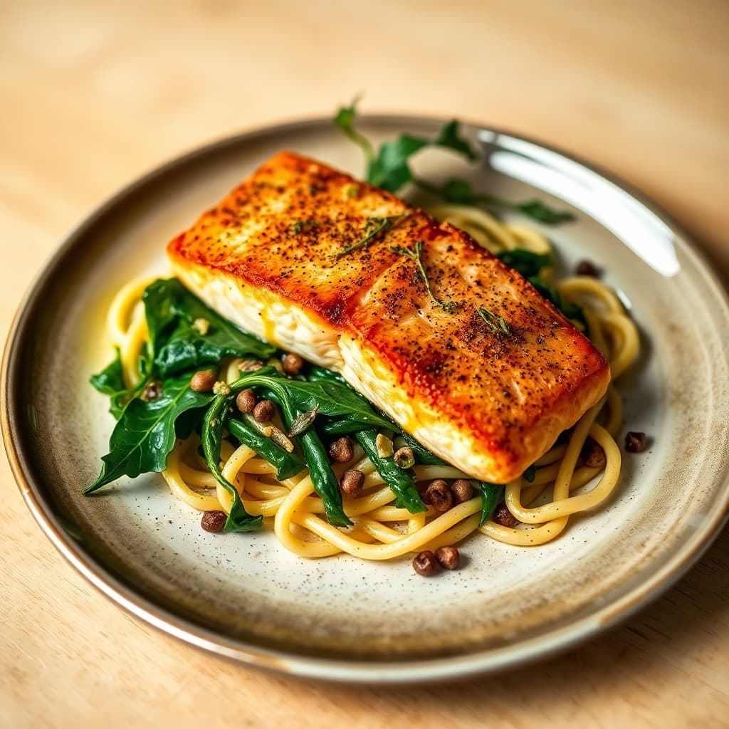 Pan-Seared Salmon with Fregola & Charred Escarole in Anchovy-Garlic Oil