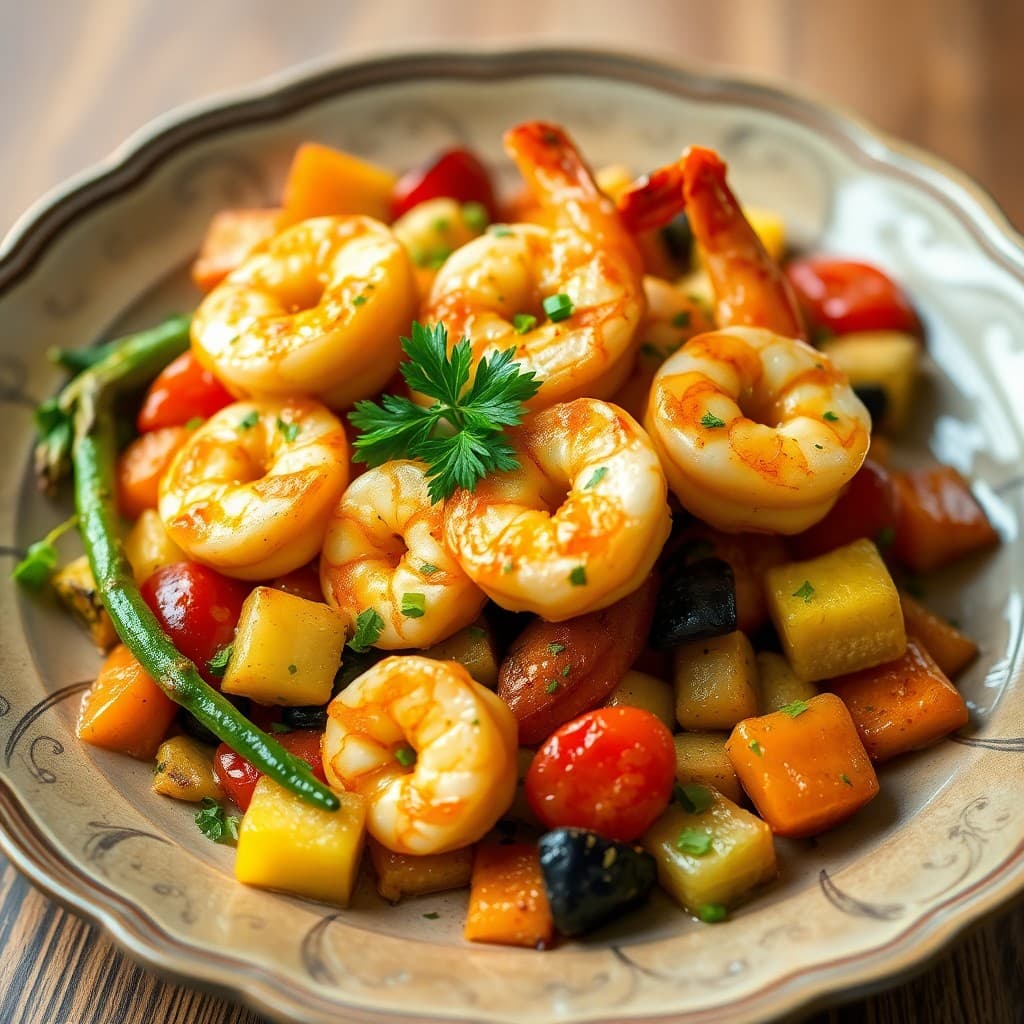 Sizzling Lemon Garlic Shrimp with Roasted Veggie Medley