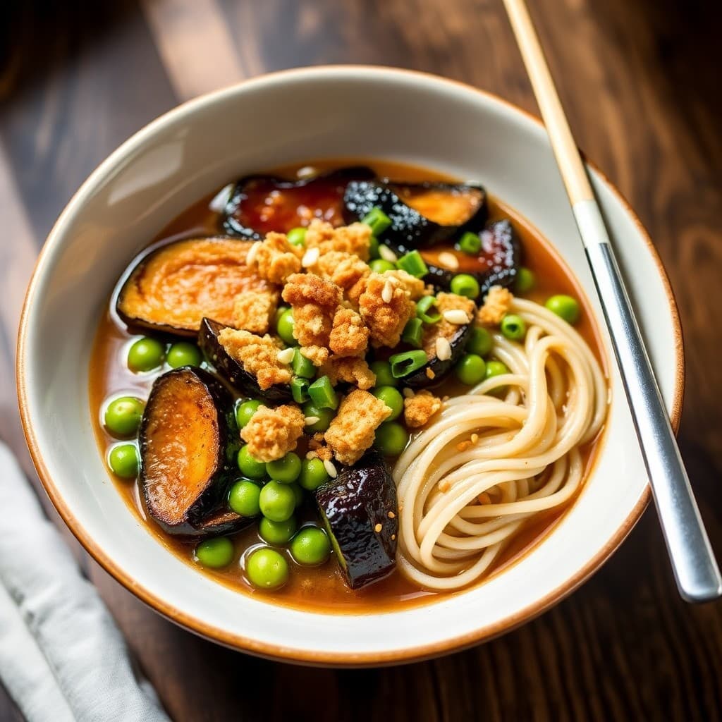 Japanese Miso-Glazed Eggplant & Edamame Ramen with Crispy Tempeh Crumbles