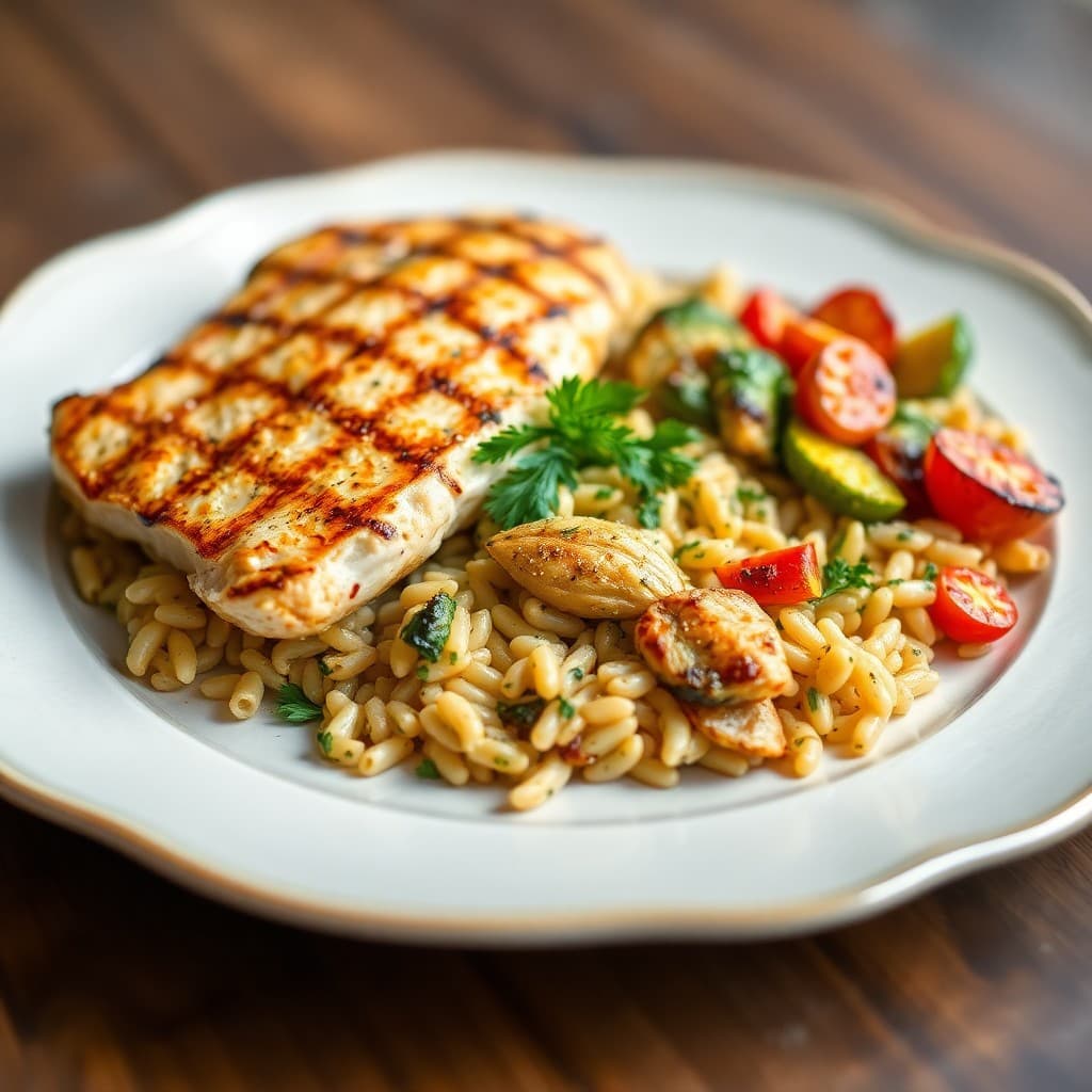 Grilled Lemon-Herb Chicken with Roasted Vegetable Orzo
