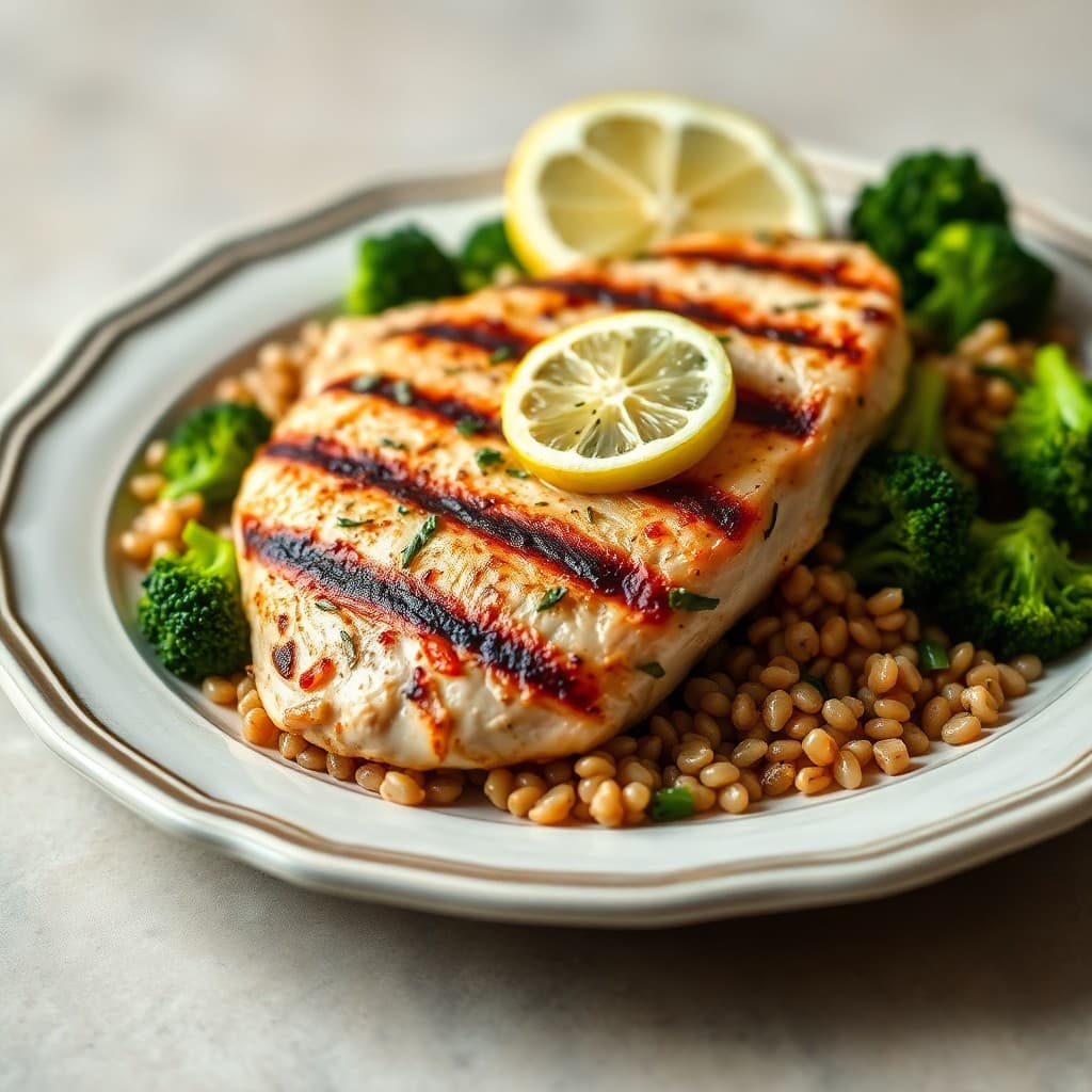 Grilled Lemon-Herb Chicken with Roasted Broccoli and Farro