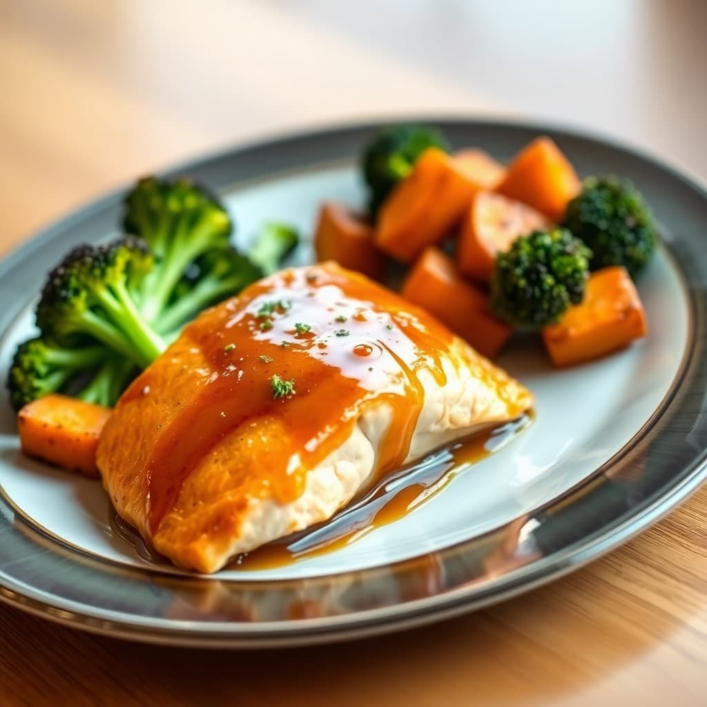 Honey Garlic Glazed Salmon with Roasted Sweet Potato and Broccoli