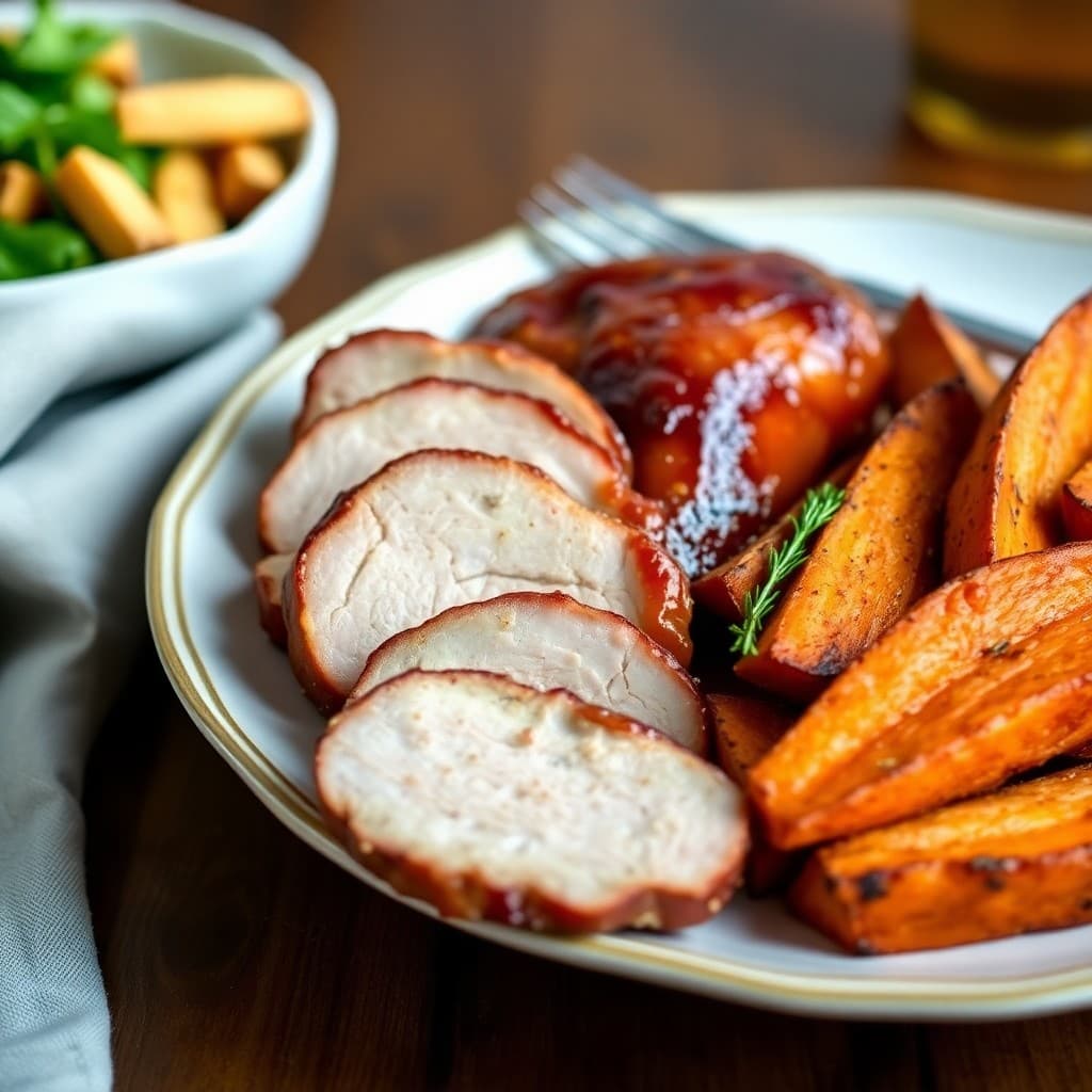 Spicy Honey Garlic Pork Tenderloin with Roasted Sweet Potato Wedges