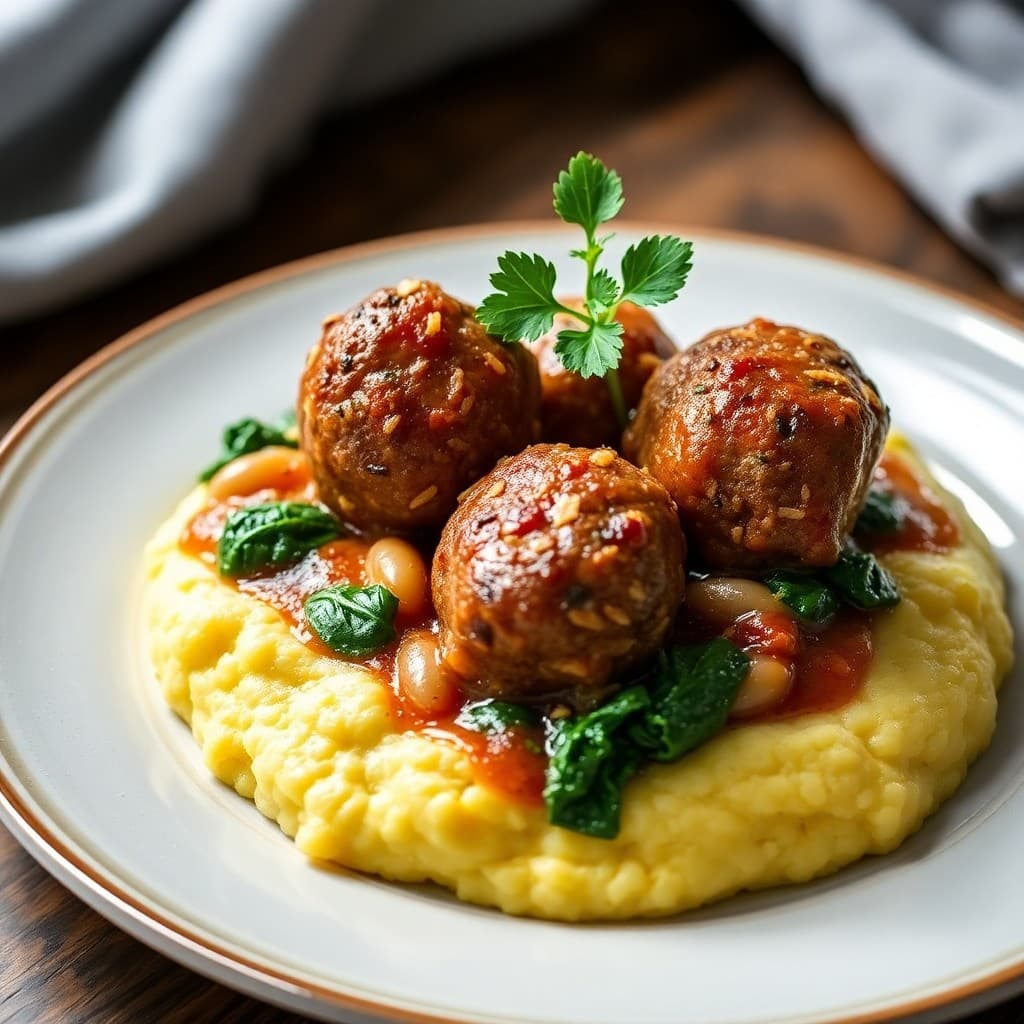 Croatian Pan-Seared Lamb Meatballs with White Bean & Kale Ragù over Polenta