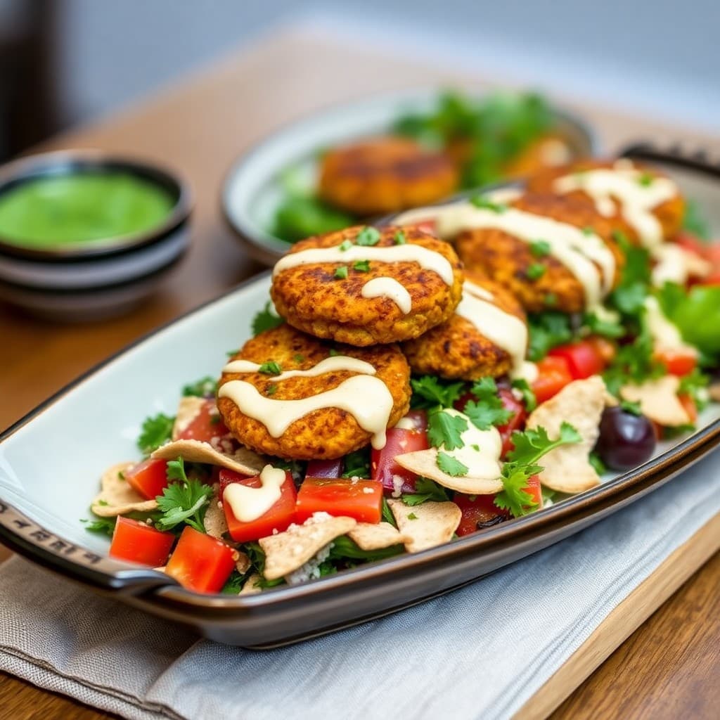 Crispy Chickpea Falafel with Charred Tomato Fattoush & Tahini Drizzle