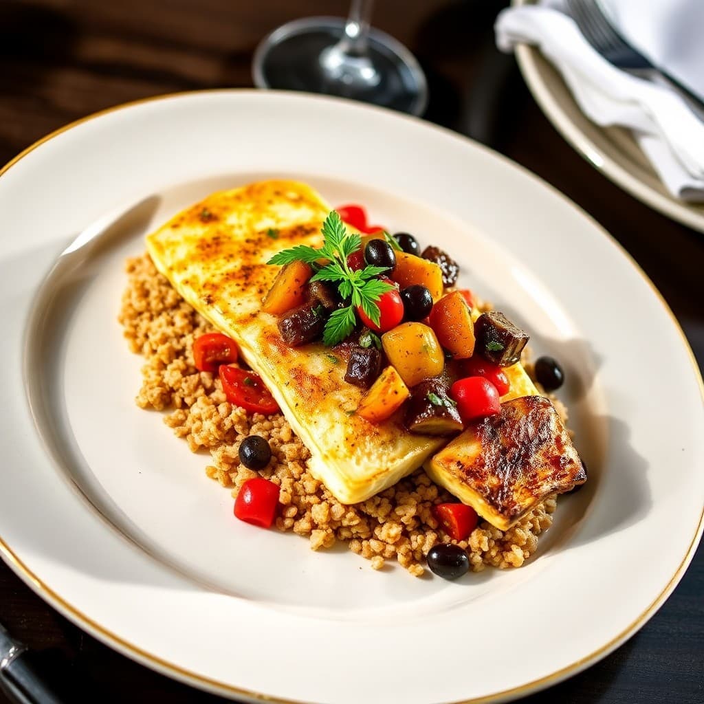 Turkish Pan-Seared Branzino with Charred Eggplant Caponata & Freekeh