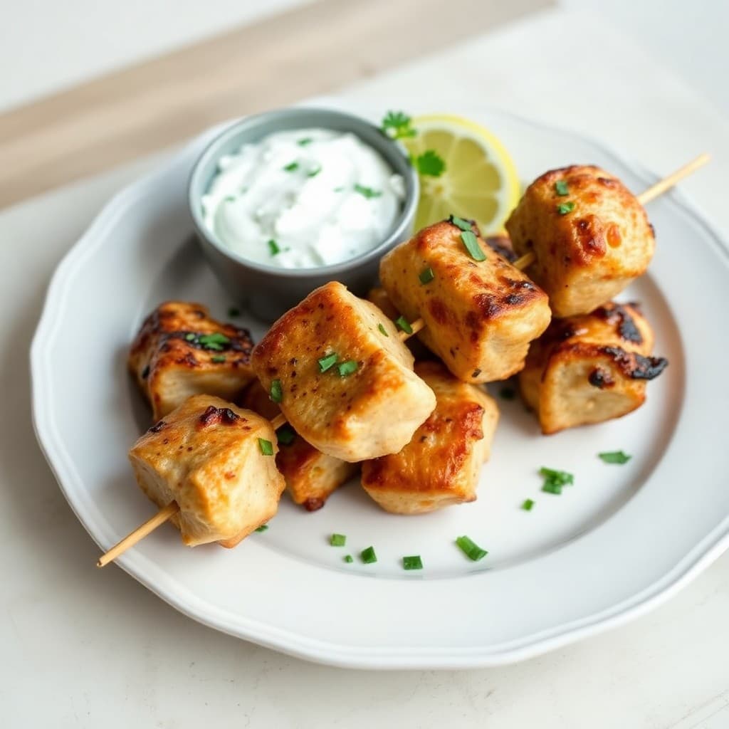 Greek Lemon Chicken Skewers with Tzatziki Dip
