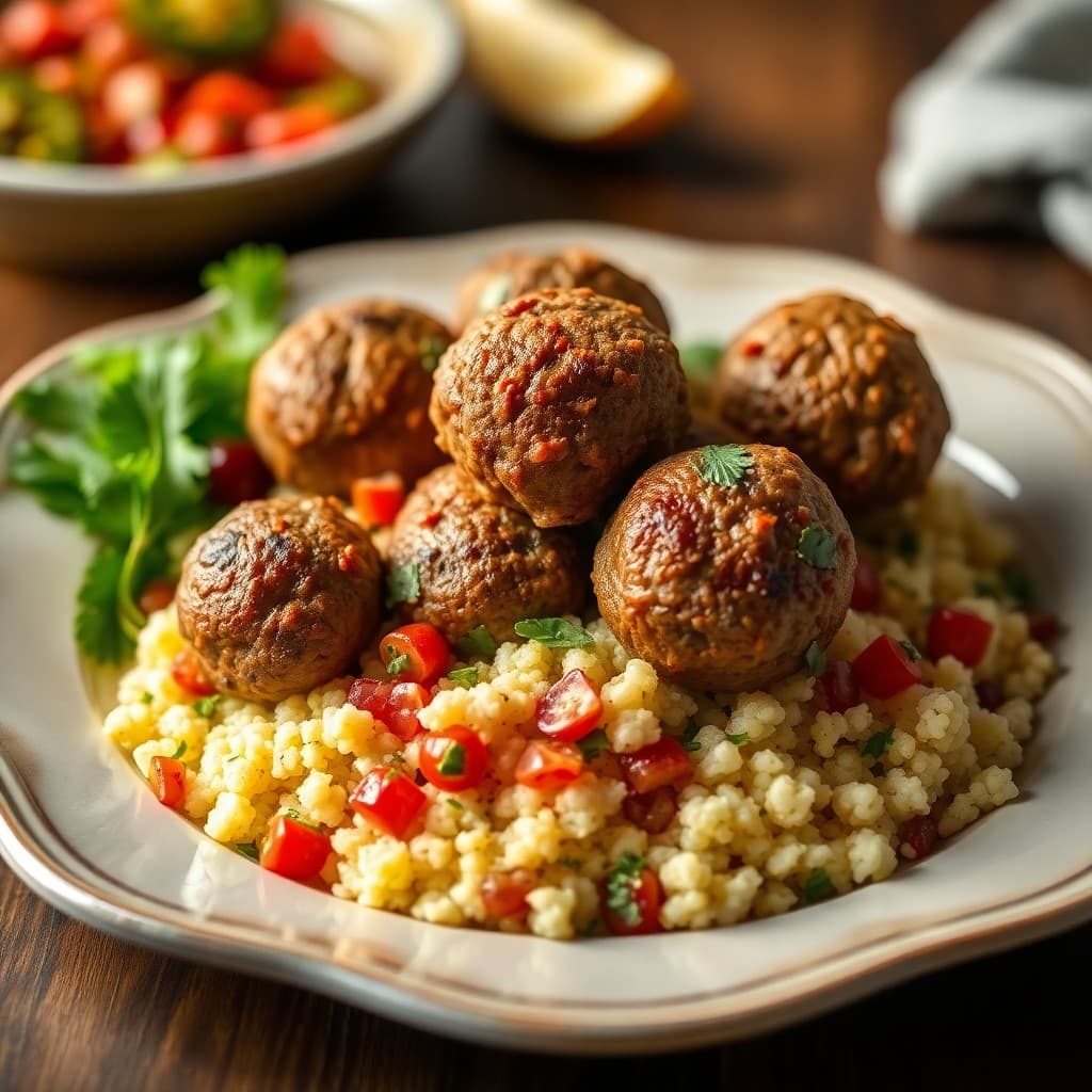 Moroccan Spiced Lamb Meatballs with Couscous Tabbouleh