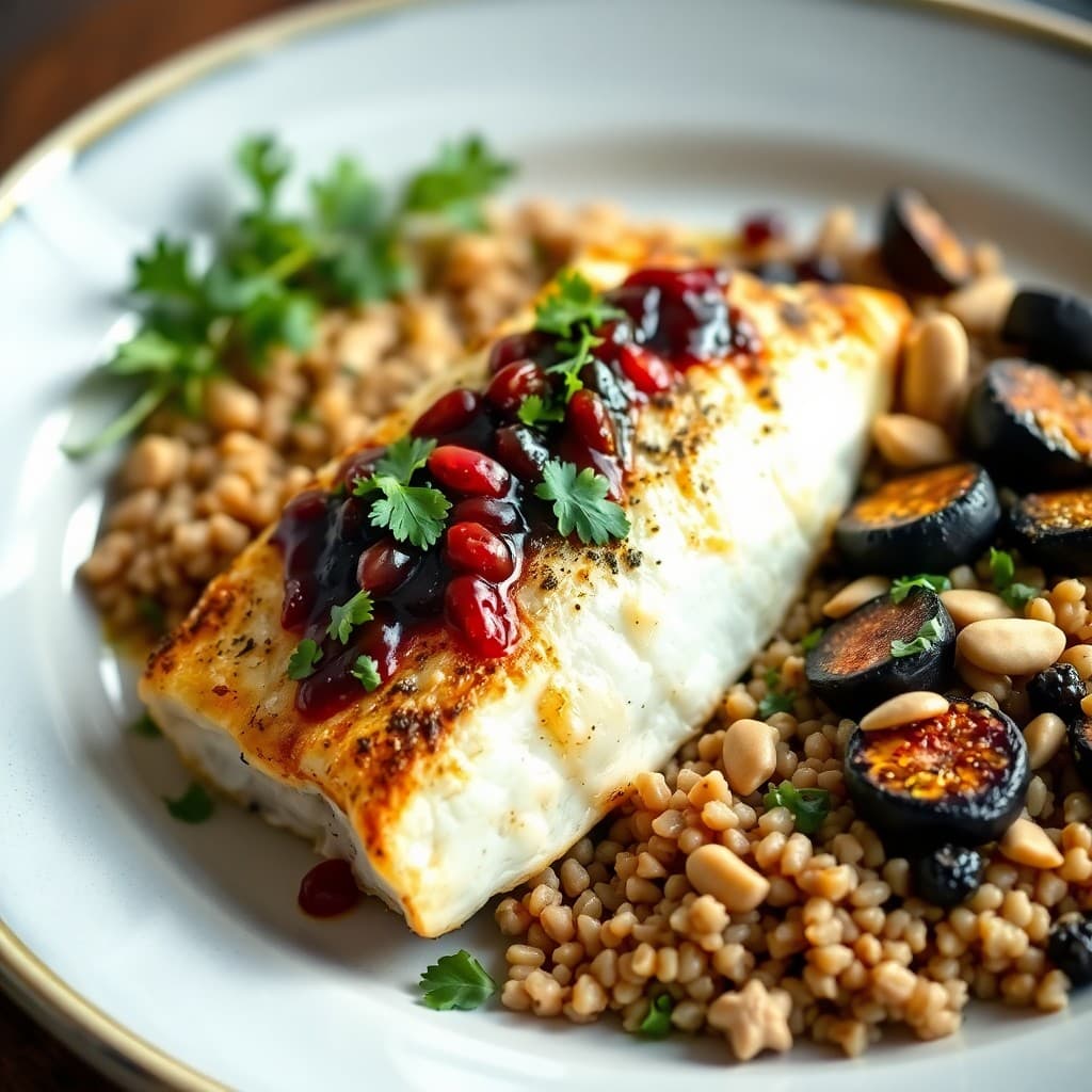 Turkish Pan-Seared Sea Bass with Charred Eggplant & Freekeh Pilaf
