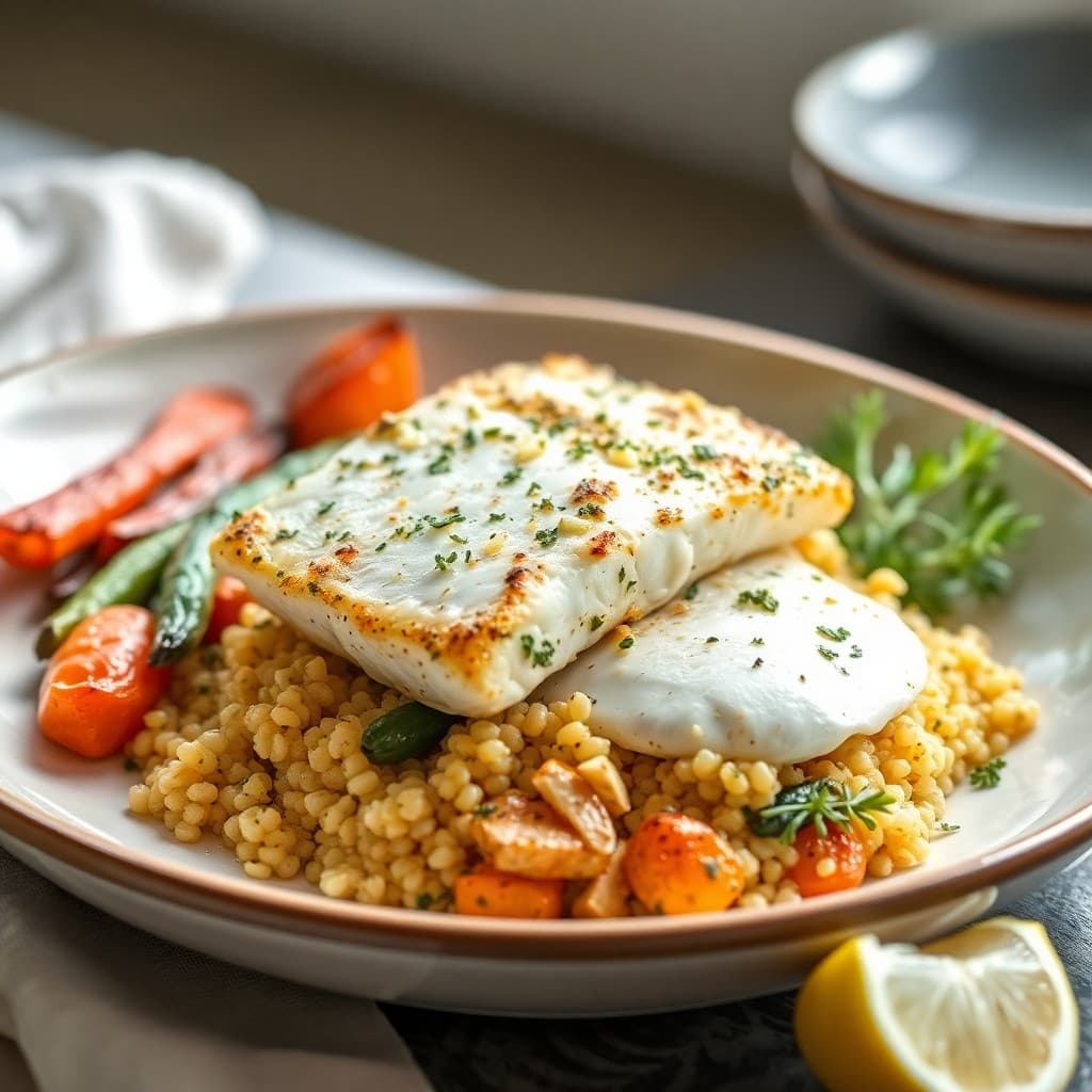 Provençal Roasted Halibut with Lemon-Garlic Quinoa