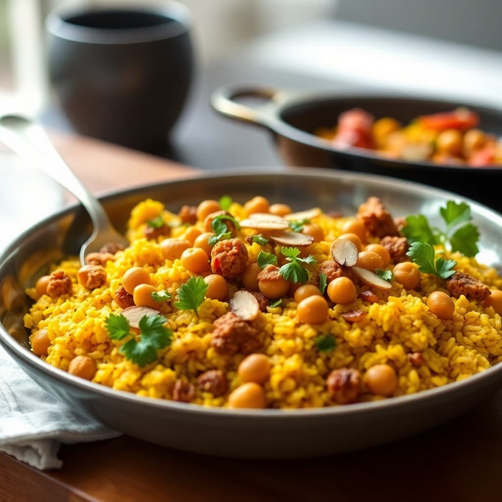 Spanish-Style Chickpea & Seitan Paella with Saffron-Turmeric Rice