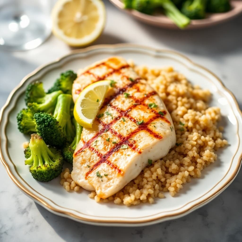 Grilled Lemon-Herb Tilapia with Roasted Garlic Broccoli and Quinoa