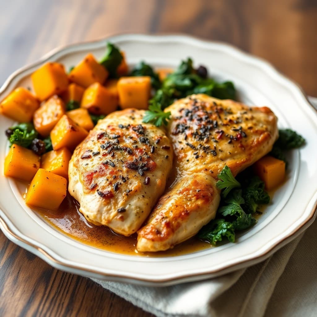 Zesty Garlic-Herb Baked Chicken with Roasted Butternut Squash and Kale