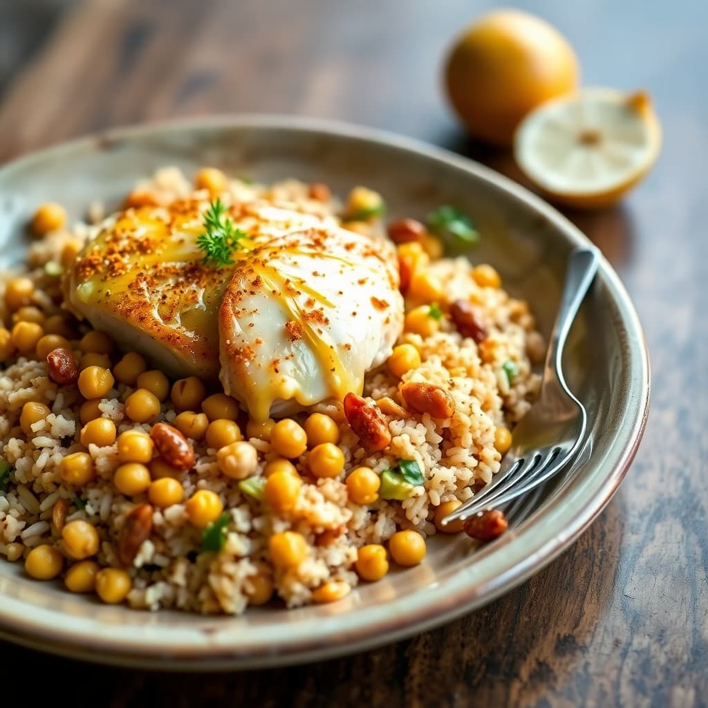 Saffron-Poached Chicken with Crispy Chickpea & Charred Fennel Pilaf