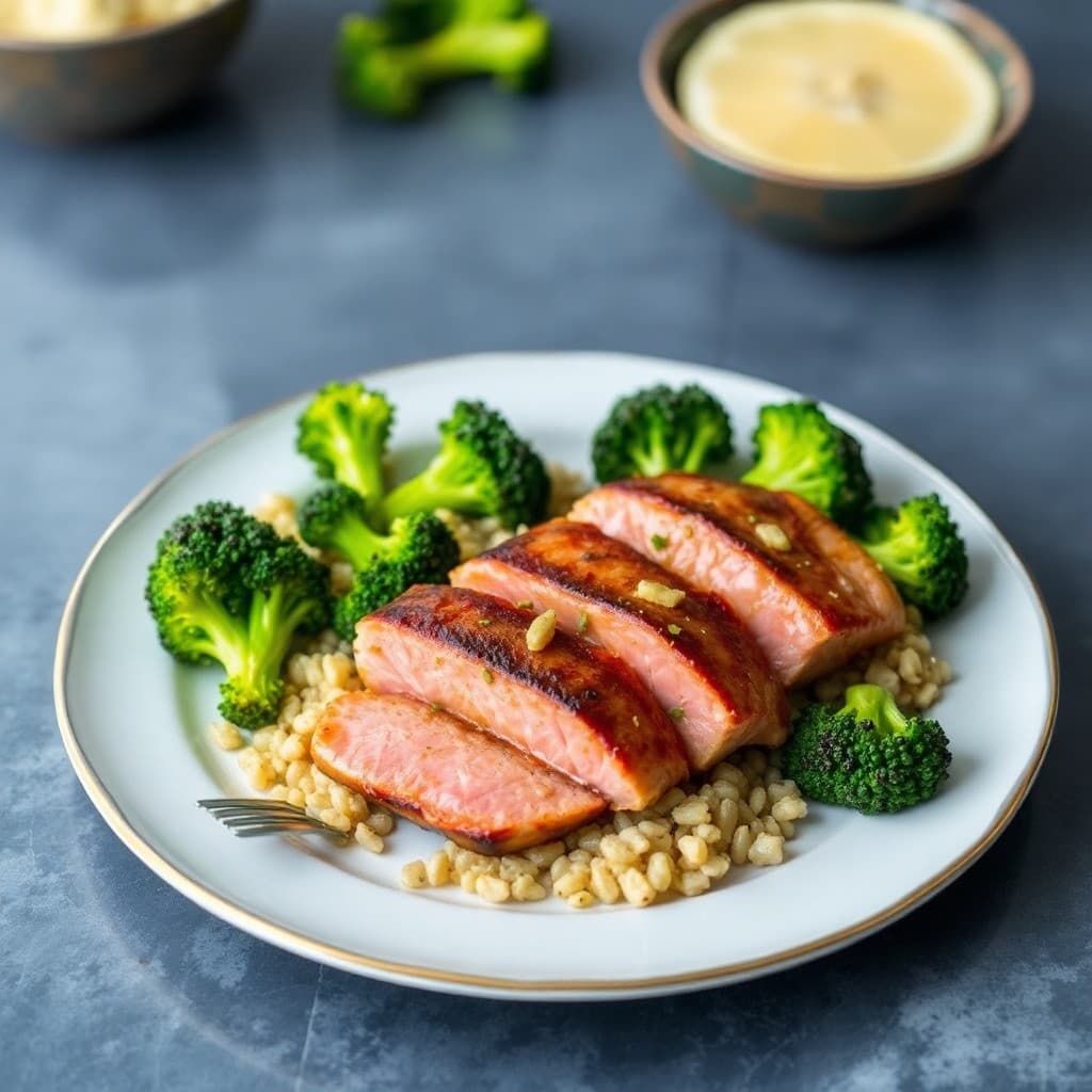 Seared Ginger-Garlic Tuna Steaks with Roasted Broccoli and Quinoa