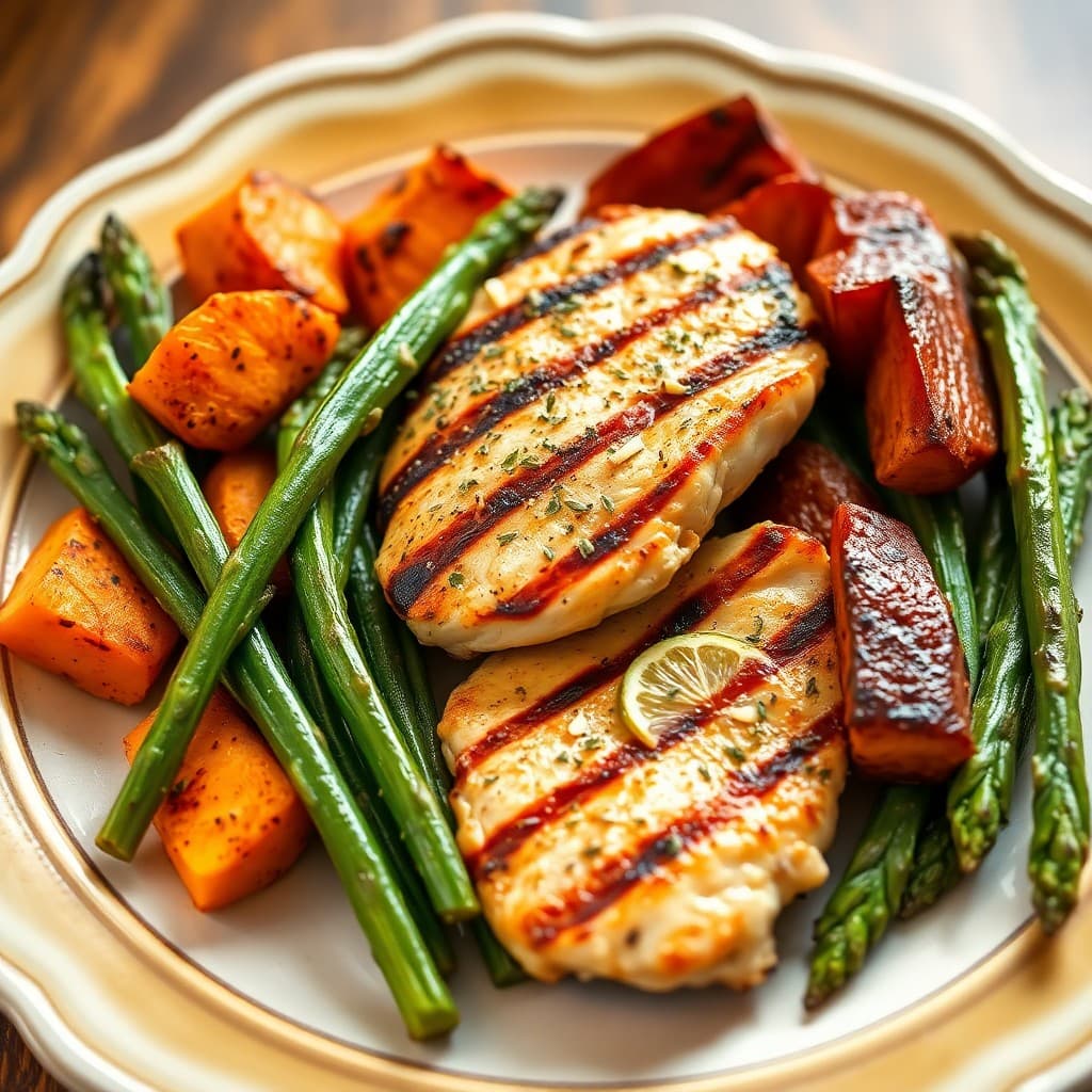Grilled Lemon-Herb Chicken with Roasted Sweet Potatoes and Asparagus