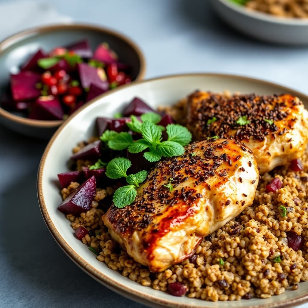 Levantine Herb-Roasted Chicken with Freekeh & Charred Beet Salad