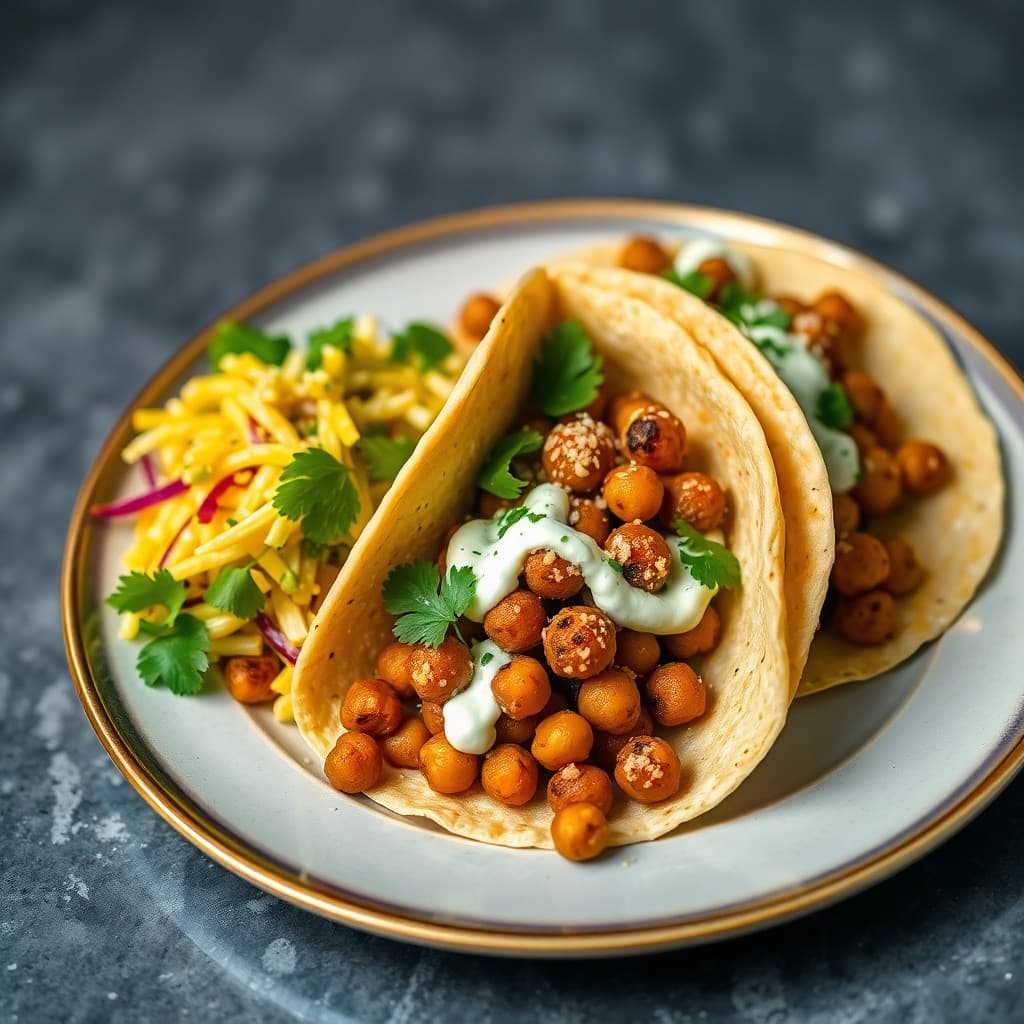 Mexican Street Corn Chickpea Tacos with Cilantro-Lime Crema & Charred Poblano