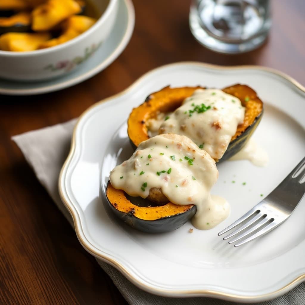 Roasted Acorn Squash with Creamy Garlic Chicken
