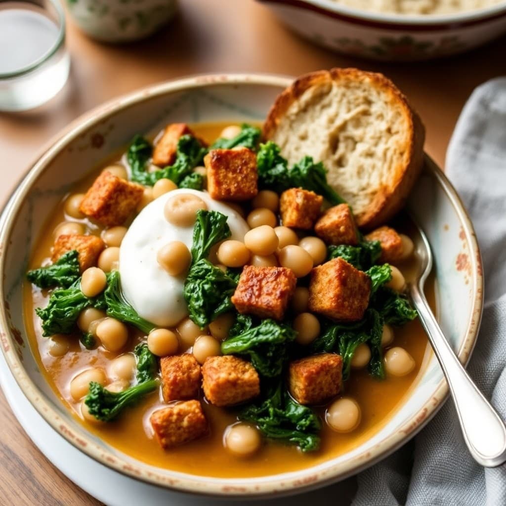 Portuguese White Bean & Kale Breakfast Braise with Crispy Tempeh Croutons