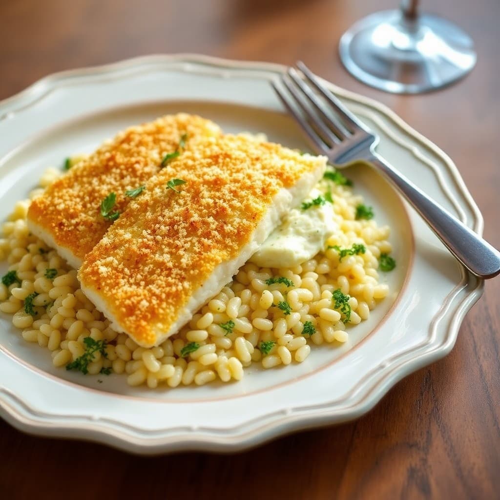 Parmesan-Crusted Baked Cod with Lemon Dill Orzo