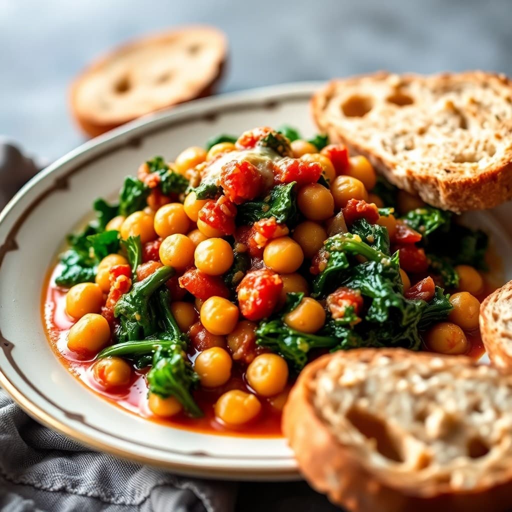 Portuguese-Style Chickpea & Kale Braise with Crispy Garlic Oil & Crusty Bread