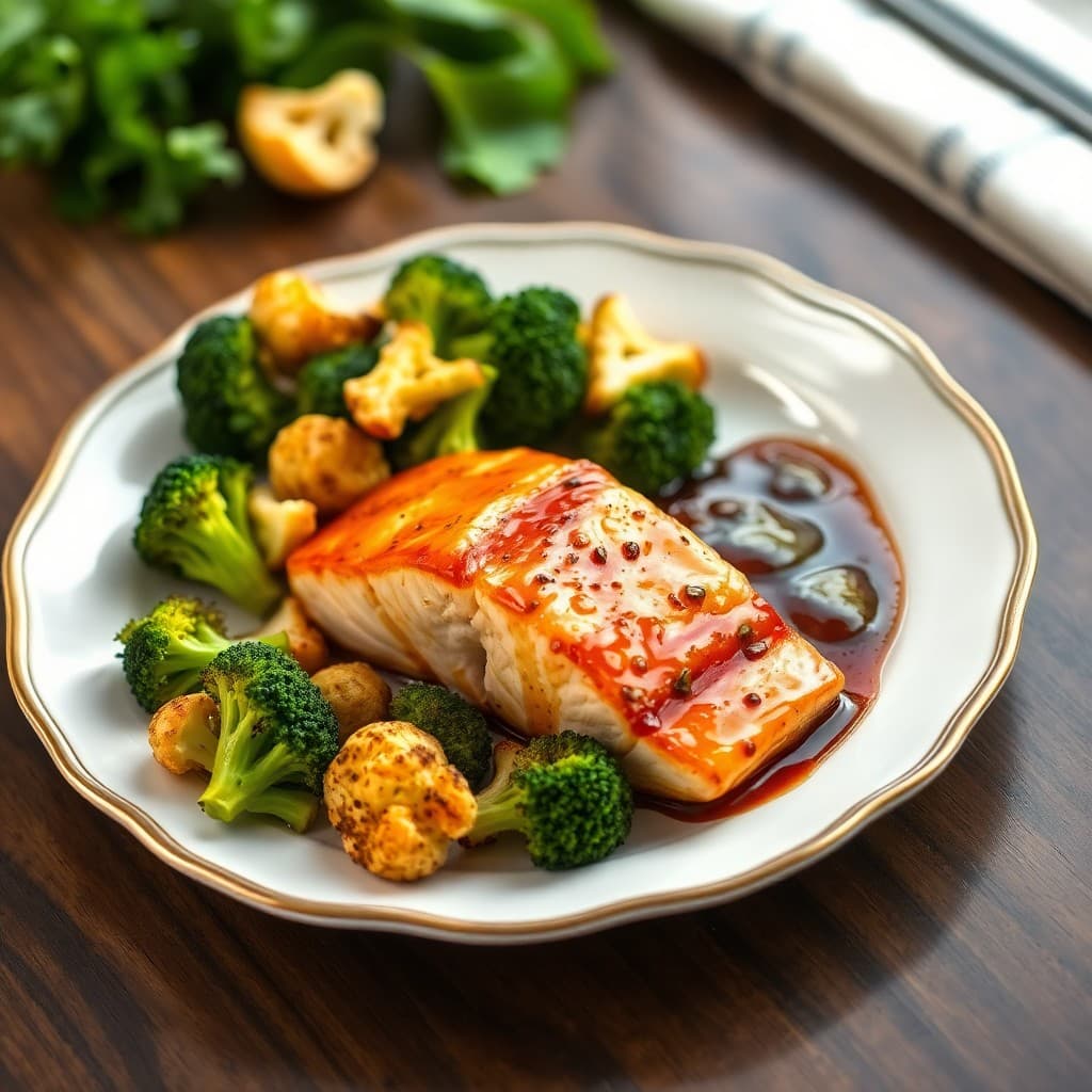 Teriyaki-Glazed Salmon with Roasted Broccoli and Cauliflower